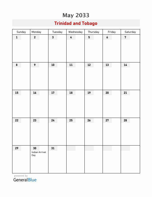 Trinidad and Tobago May 2033 Calendar with Holidays
