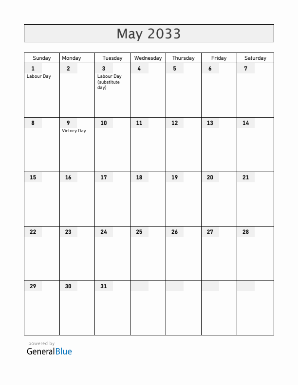 Ukraine May 2033 Calendar with Holidays