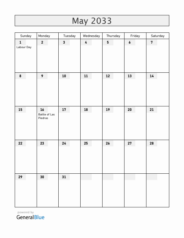 Uruguay May 2033 Calendar with Holidays