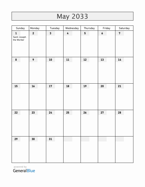 Vatican May 2033 Calendar with Holidays