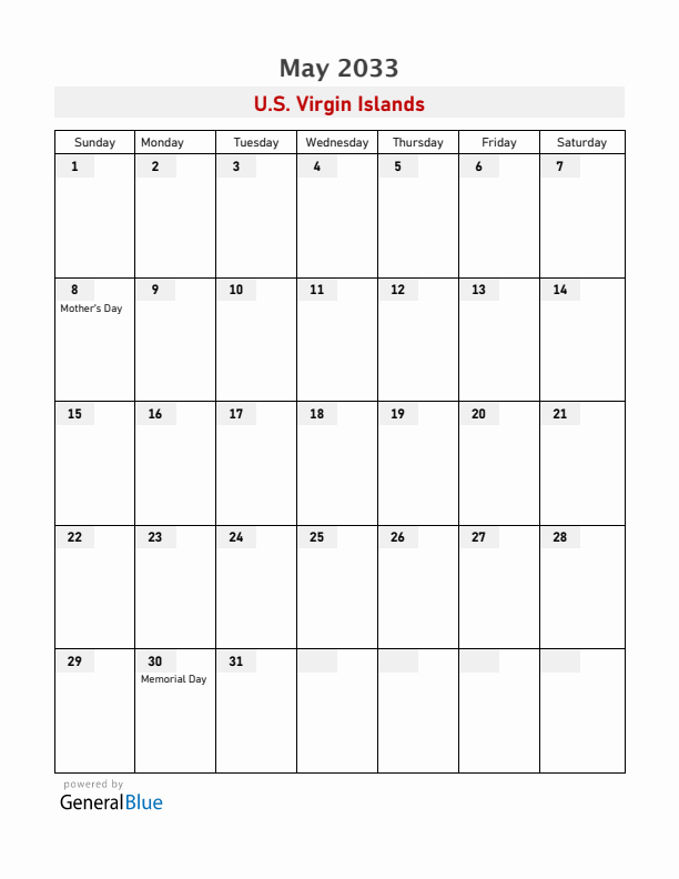 U.S. Virgin Islands May 2033 Calendar with Holidays