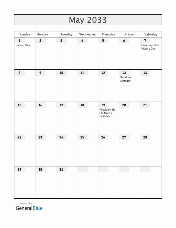 Vietnam May 2033 Calendar with Holidays