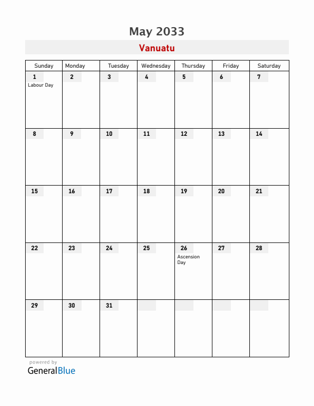 Vanuatu May 2033 Calendar with Holidays