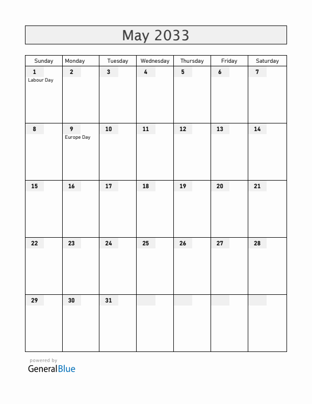 Kosovo May 2033 Calendar with Holidays