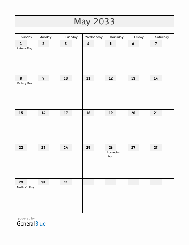 Mayotte May 2033 Calendar with Holidays