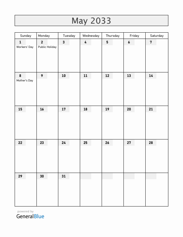 South Africa May 2033 Calendar with Holidays