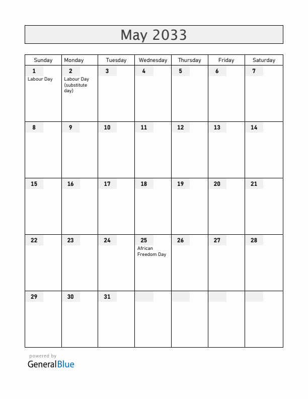 Zambia May 2033 Calendar with Holidays