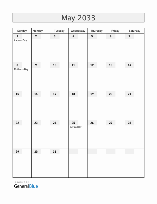 Zimbabwe May 2033 Calendar with Holidays