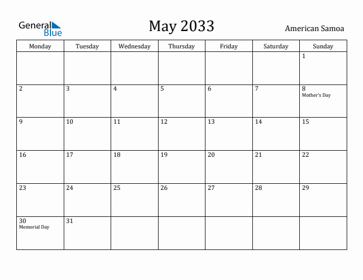 May 2033 Calendar American Samoa