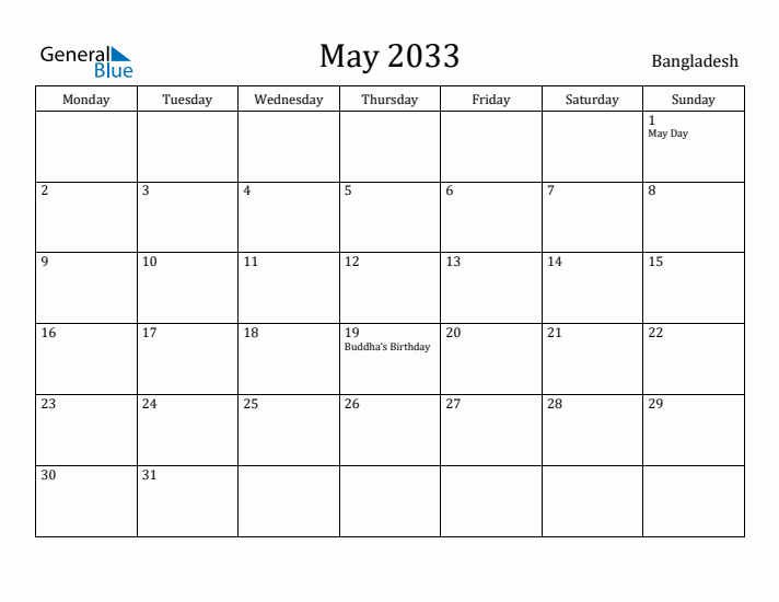 May 2033 Calendar Bangladesh
