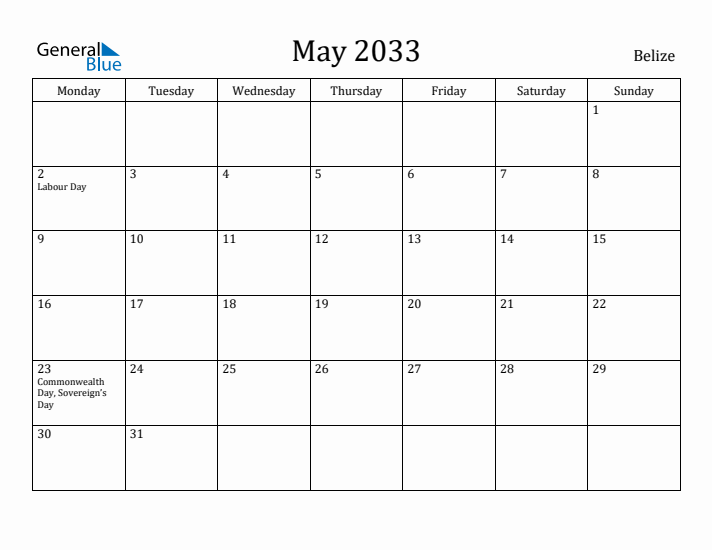 May 2033 Calendar Belize