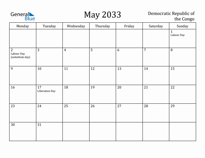 May 2033 Calendar Democratic Republic of the Congo
