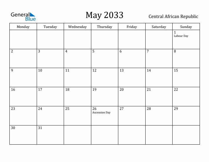 May 2033 Calendar Central African Republic