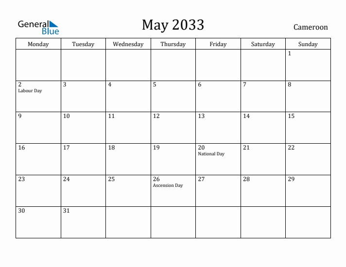 May 2033 Calendar Cameroon