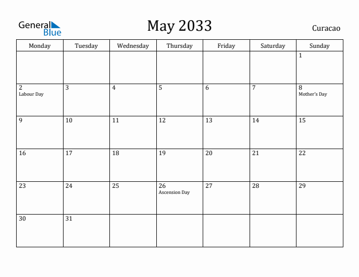 May 2033 Calendar Curacao