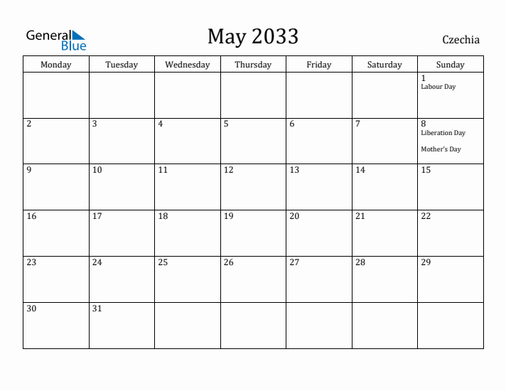 May 2033 Calendar Czechia