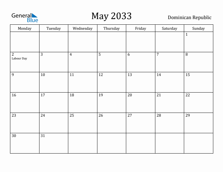 May 2033 Calendar Dominican Republic