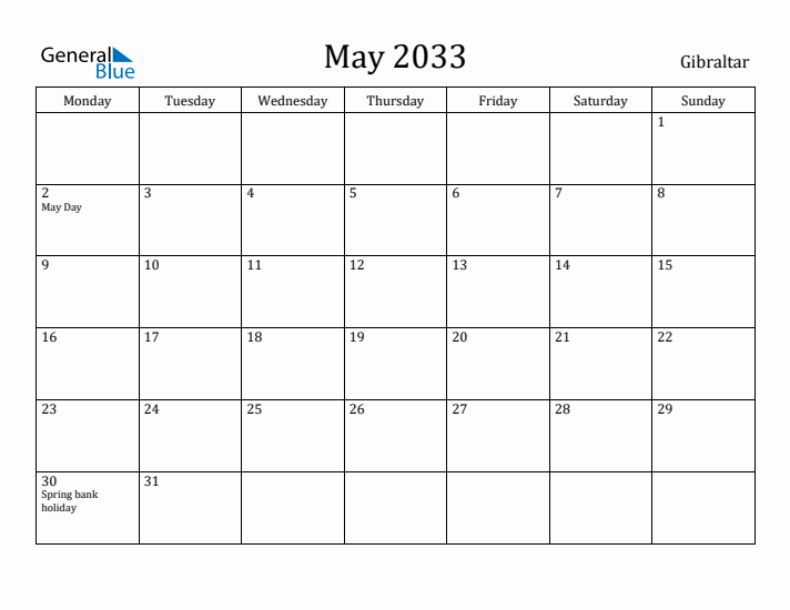 May 2033 Calendar Gibraltar