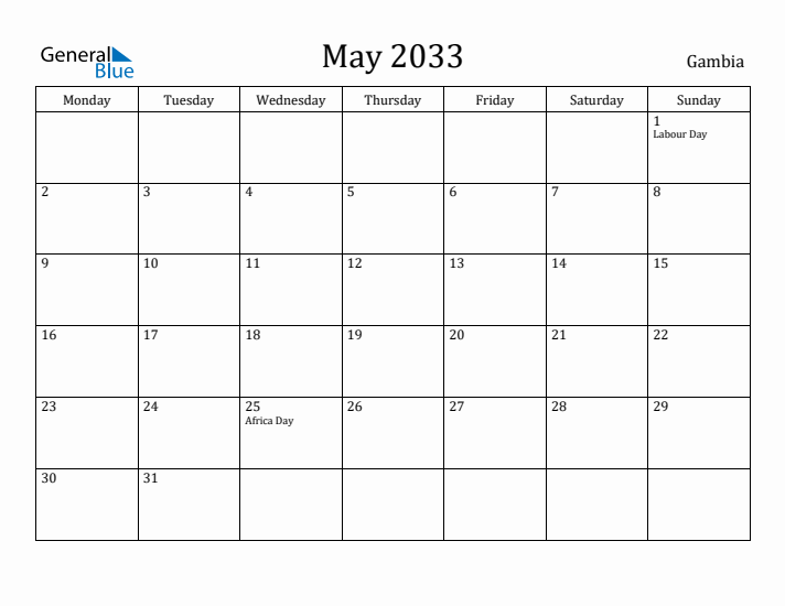May 2033 Calendar Gambia