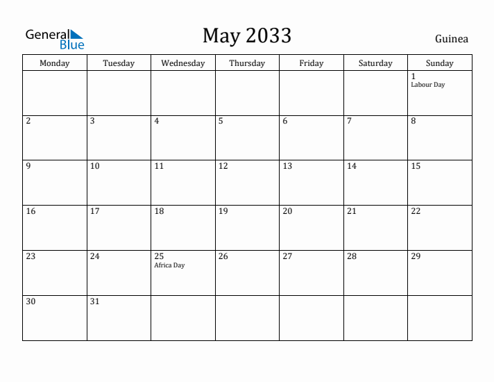 May 2033 Calendar Guinea