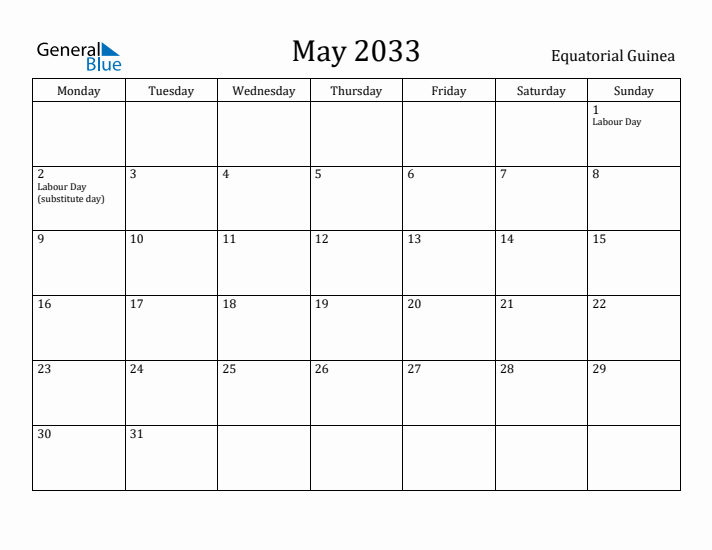 May 2033 Calendar Equatorial Guinea