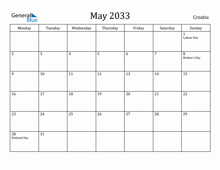 May 2033 Calendar Croatia