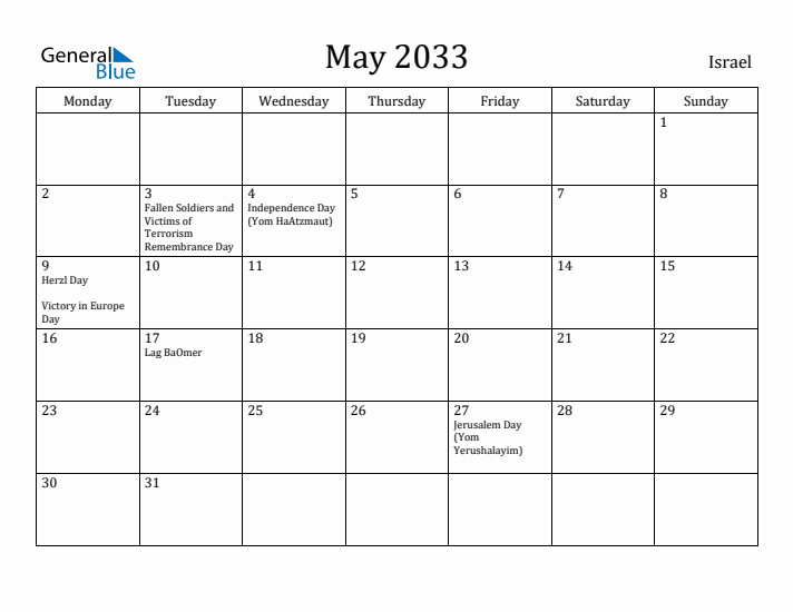 May 2033 Calendar Israel