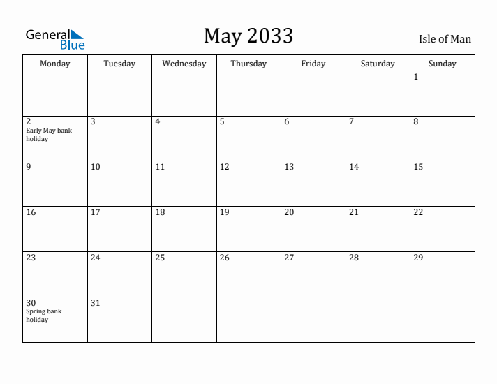 May 2033 Calendar Isle of Man