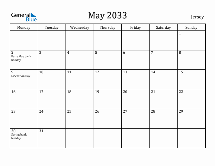 May 2033 Calendar Jersey