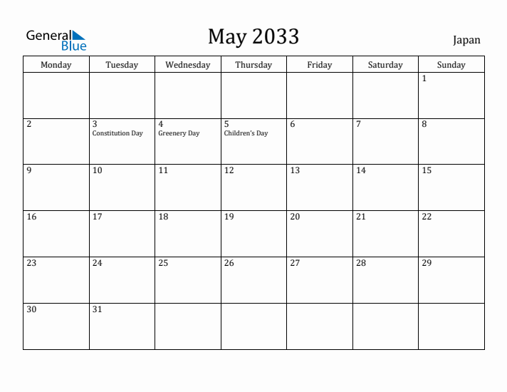 May 2033 Calendar Japan