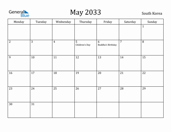 May 2033 Calendar South Korea