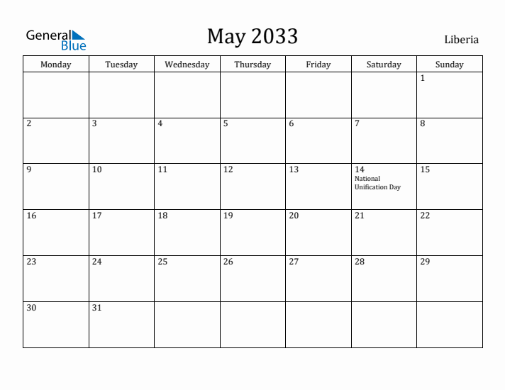 May 2033 Calendar Liberia