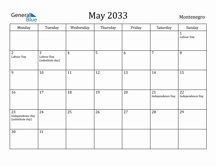 May 2033 Calendar Montenegro