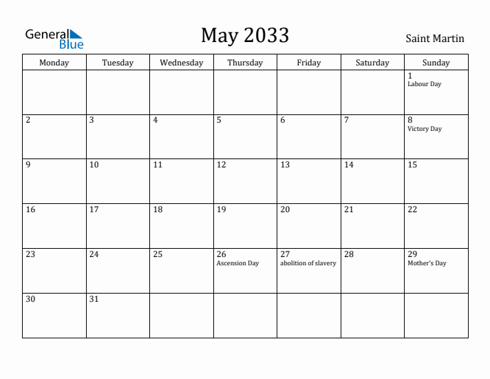 May 2033 Calendar Saint Martin