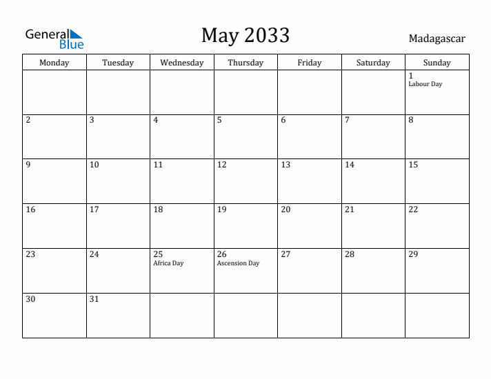 May 2033 Calendar Madagascar