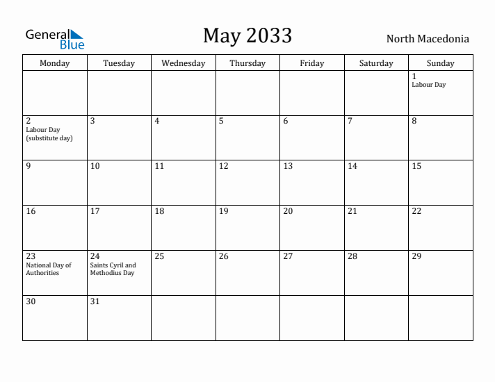 May 2033 Calendar North Macedonia