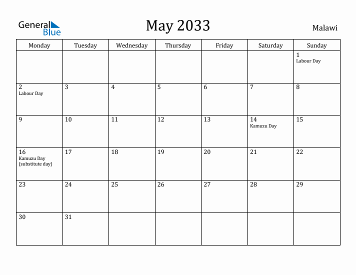 May 2033 Calendar Malawi