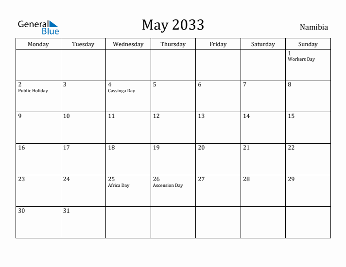 May 2033 Calendar Namibia