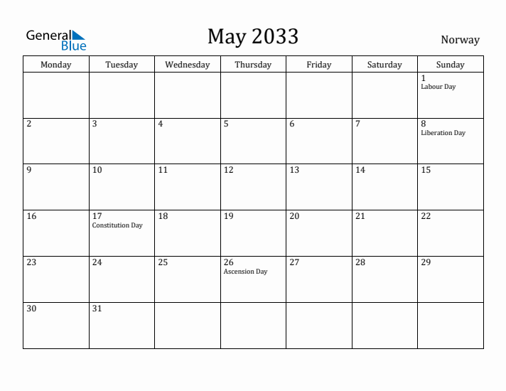 May 2033 Calendar Norway
