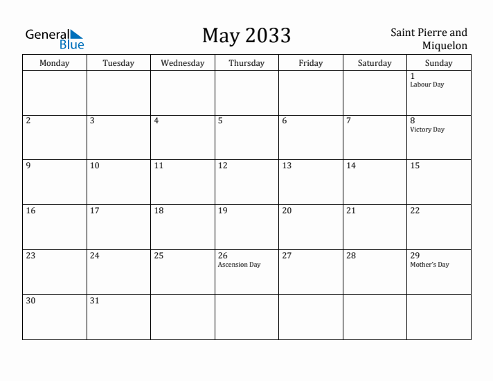 May 2033 Calendar Saint Pierre and Miquelon
