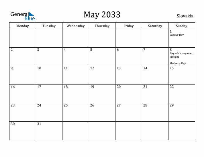 May 2033 Calendar Slovakia