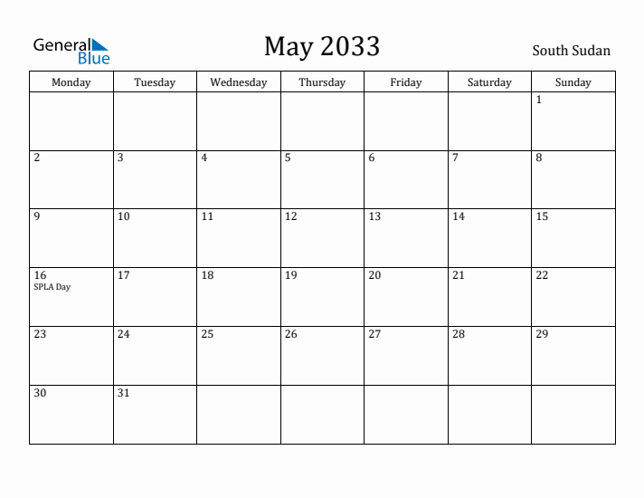 May 2033 Calendar South Sudan