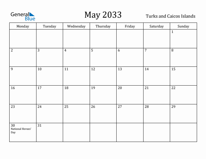May 2033 Calendar Turks and Caicos Islands