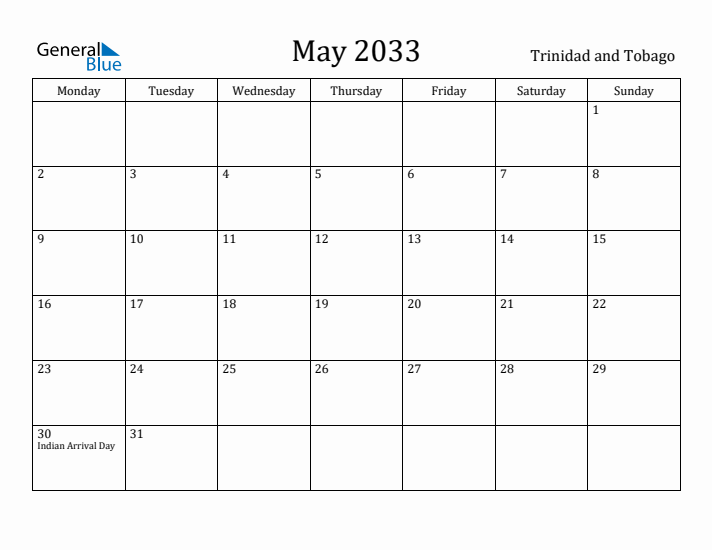 May 2033 Calendar Trinidad and Tobago