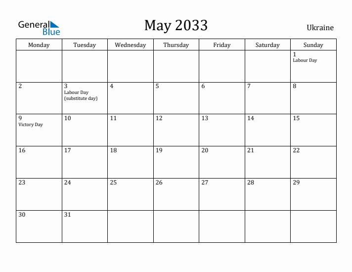 May 2033 Calendar Ukraine
