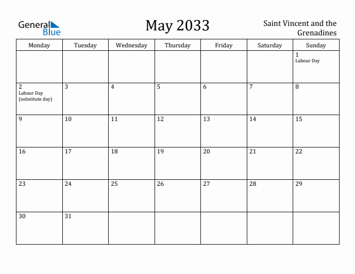 May 2033 Calendar Saint Vincent and the Grenadines