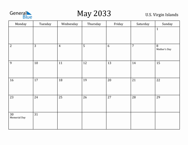 May 2033 Calendar U.S. Virgin Islands