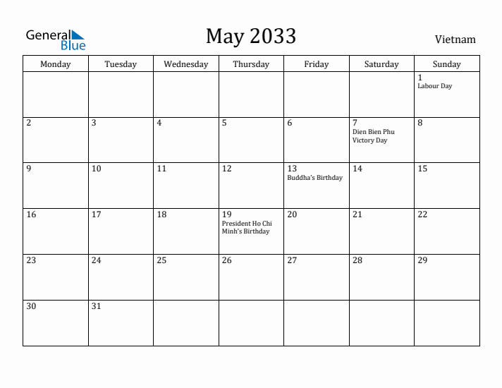 May 2033 Calendar Vietnam