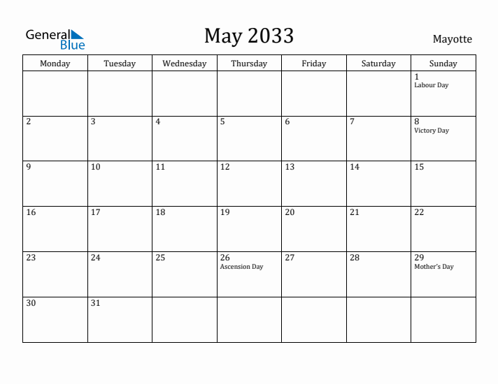 May 2033 Calendar Mayotte
