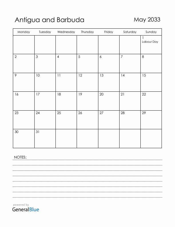 May 2033 Antigua and Barbuda Calendar with Holidays (Monday Start)